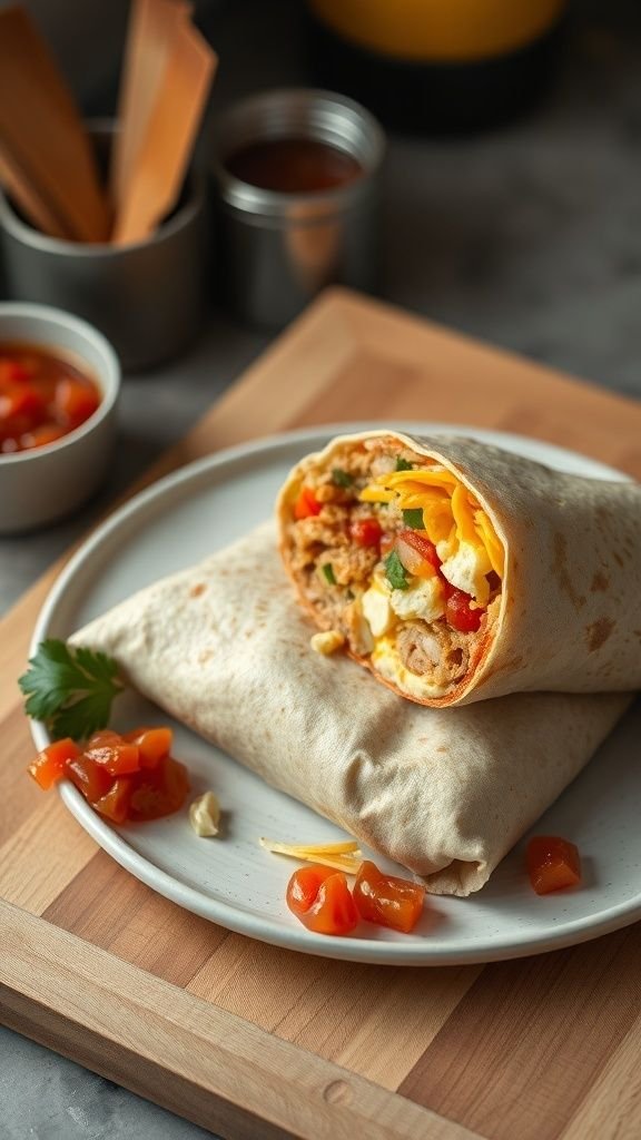 Delicious breakfast burrito wrapped in a tortilla with colorful fillings, served on a plate.