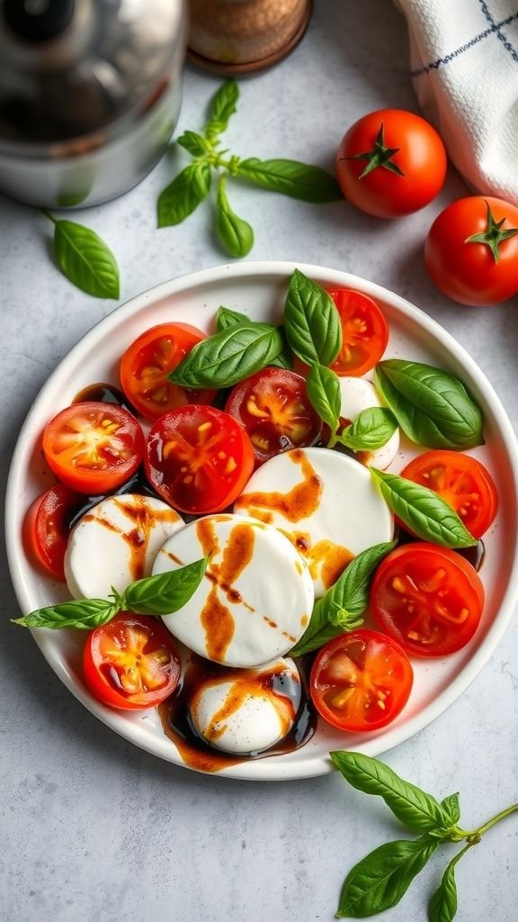 A vibrant plate of Caprese salad featuring tomatoes, mozzarella, and basil.