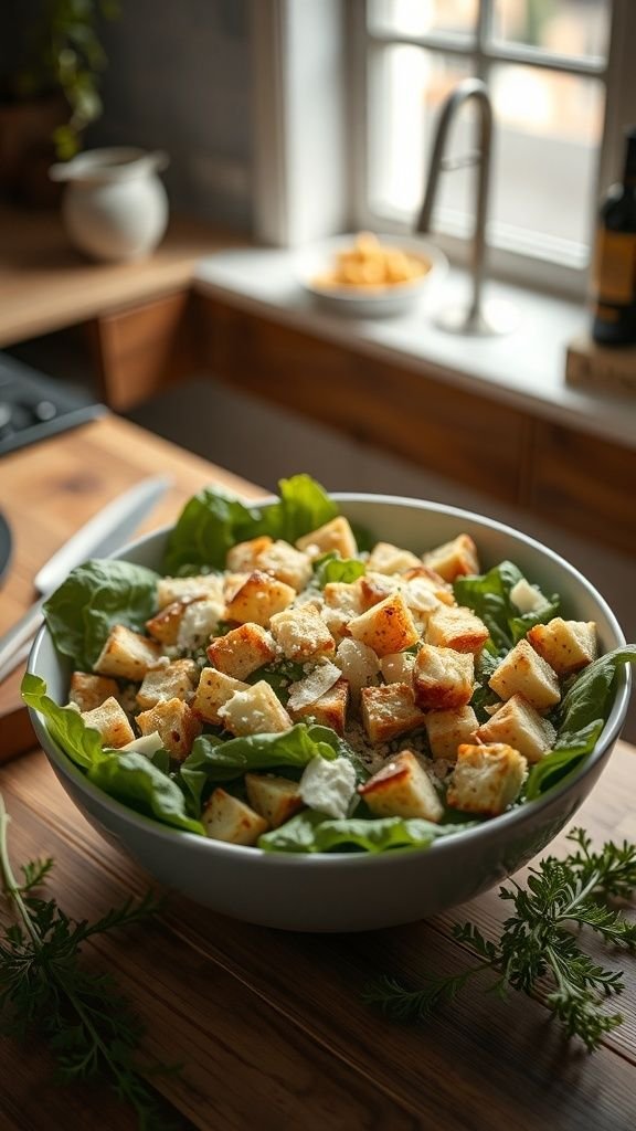 A fresh bowl of classic Caesar salad with croutons and Parmesan cheese.