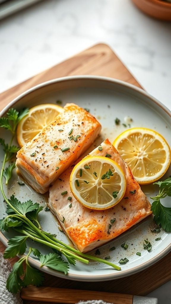 Oven-baked salmon fillets with lemon and fresh herbs on a plate.
