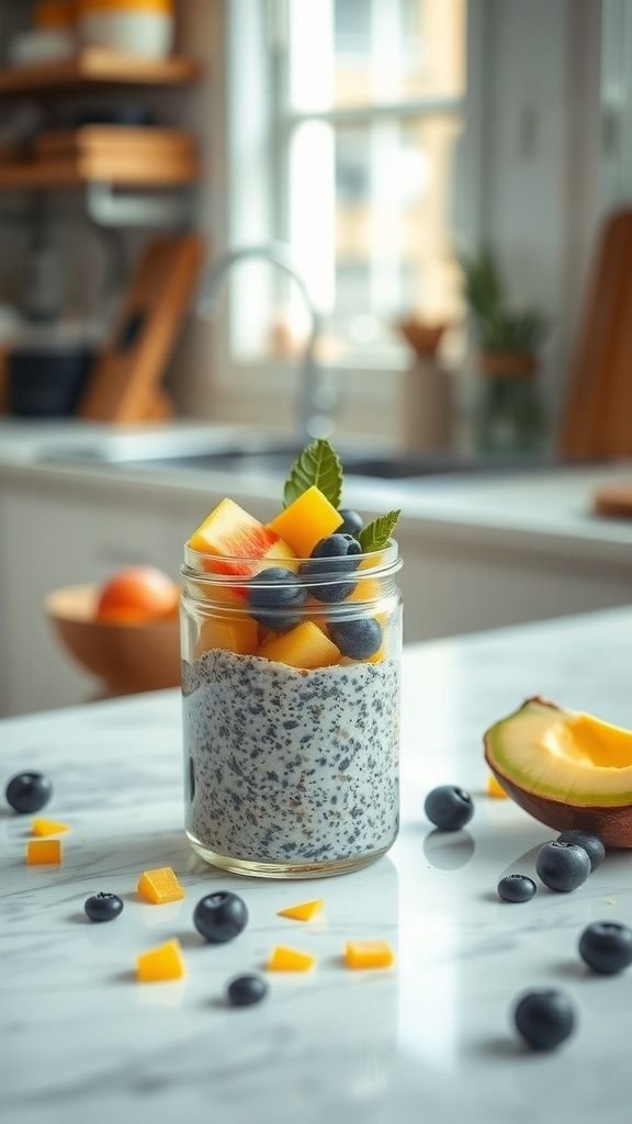 Coconut chia seed pudding topped with fresh fruits in a jar on a kitchen countertop