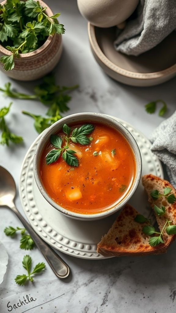 A bowl of fresh gazpacho garnished with herbs, served with bread