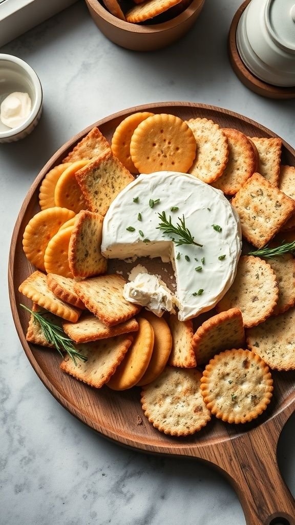 A wooden platter filled with various crackers surrounding a soft herbed goat cheese.
