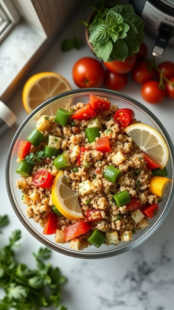 Colorful Mediterranean quinoa salad with fresh veggies and lemon slices.
