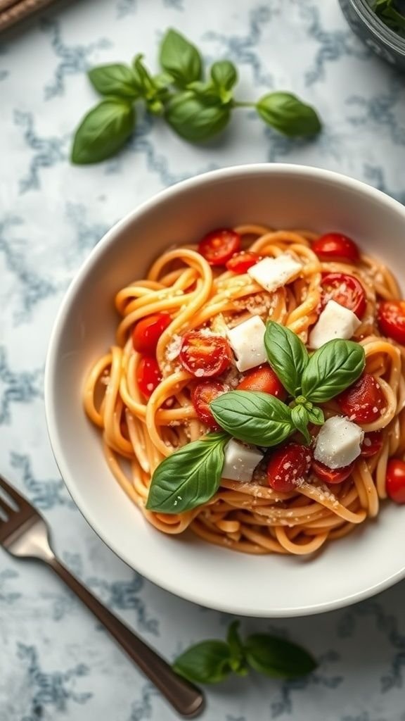 A bowl of creamy tomato basil pasta topped with fresh basil leaves and cherry tomatoes.