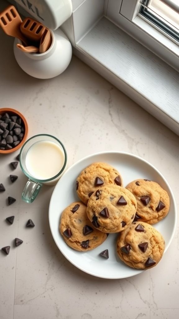 Delicious chocolate chip cookies on a plate with a glass of milk and chocolate chips scattered around.