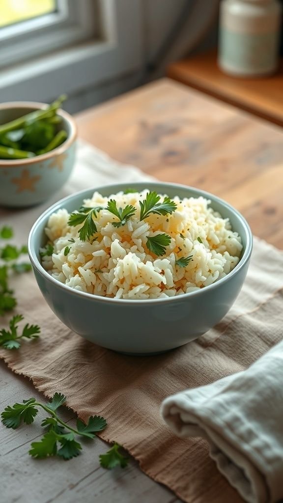 A bowl of garlic butter rice garnished with parsley