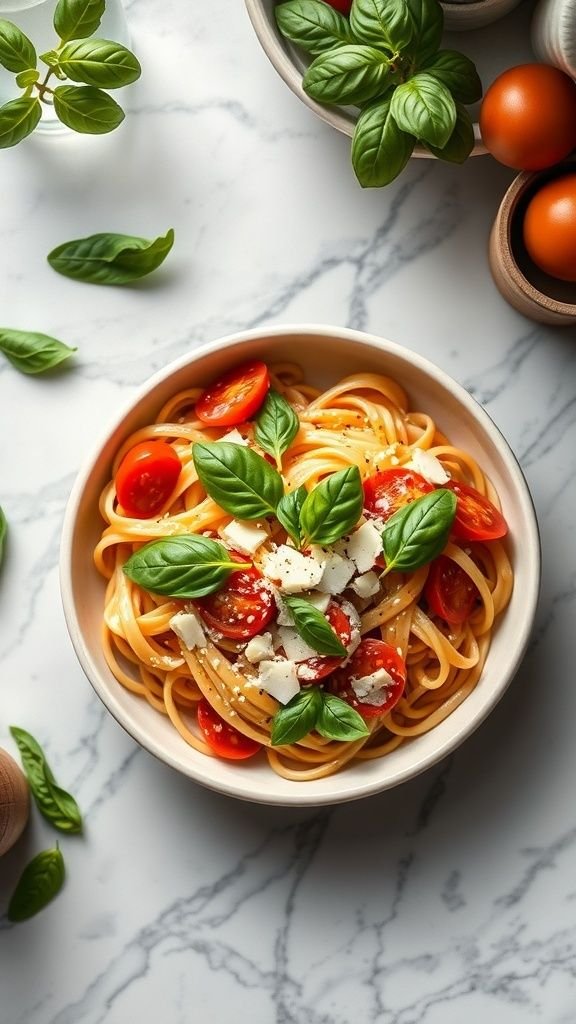 Creamy Tomato Basil Pasta with cherry tomatoes and basil leaves in a bowl on a marble surface.