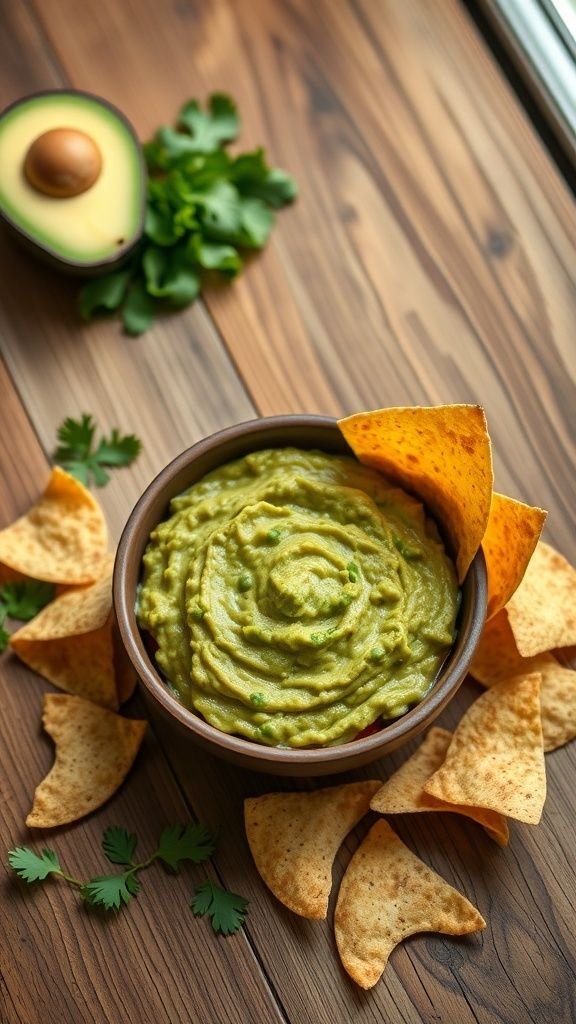 A bowl of guacamole surrounded by tortilla chips, with a fresh avocado and cilantro in the background.