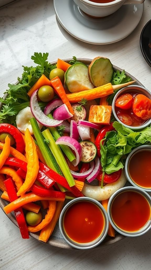 A colorful marinated vegetable platter featuring bell peppers, cucumbers, cherry tomatoes, and onions, served with dipping sauces.
