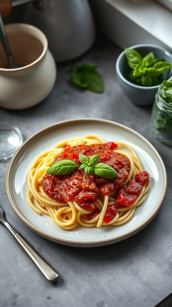 A plate of zucchini noodles with marinara sauce garnished with fresh basil.