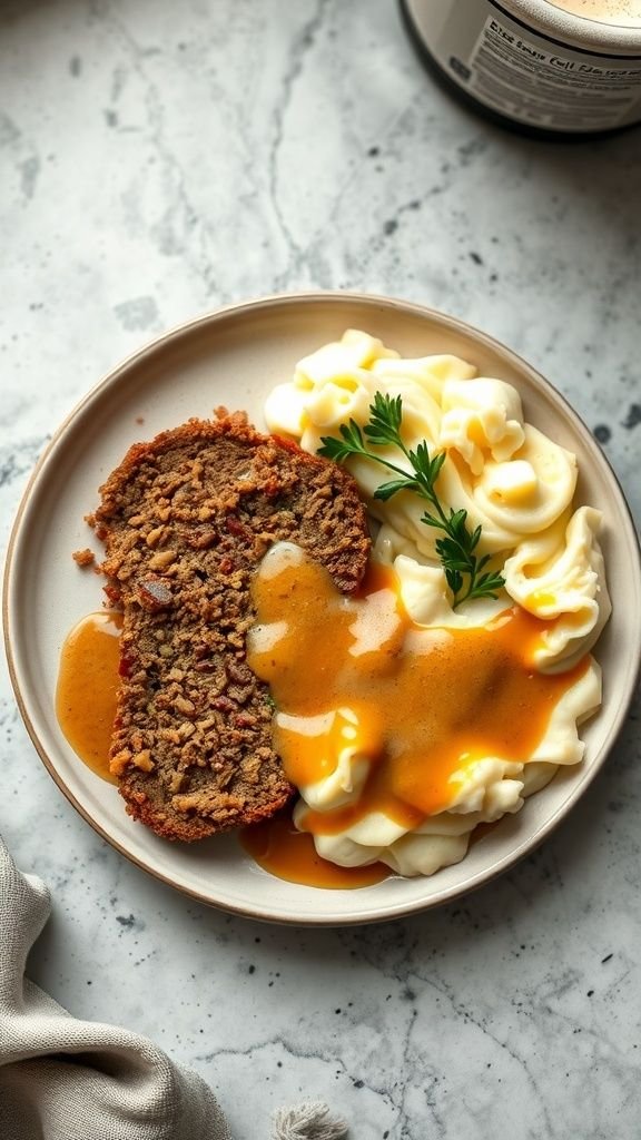 A plate featuring a slice of meatloaf with gravy alongside mashed potatoes
