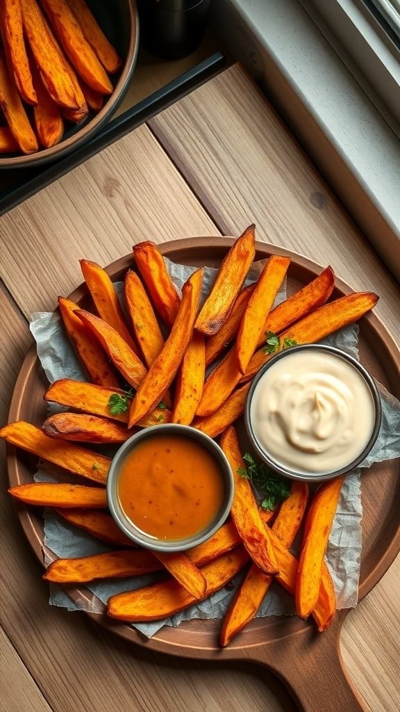 Plate of crispy baked sweet potato fries served with dipping sauces
