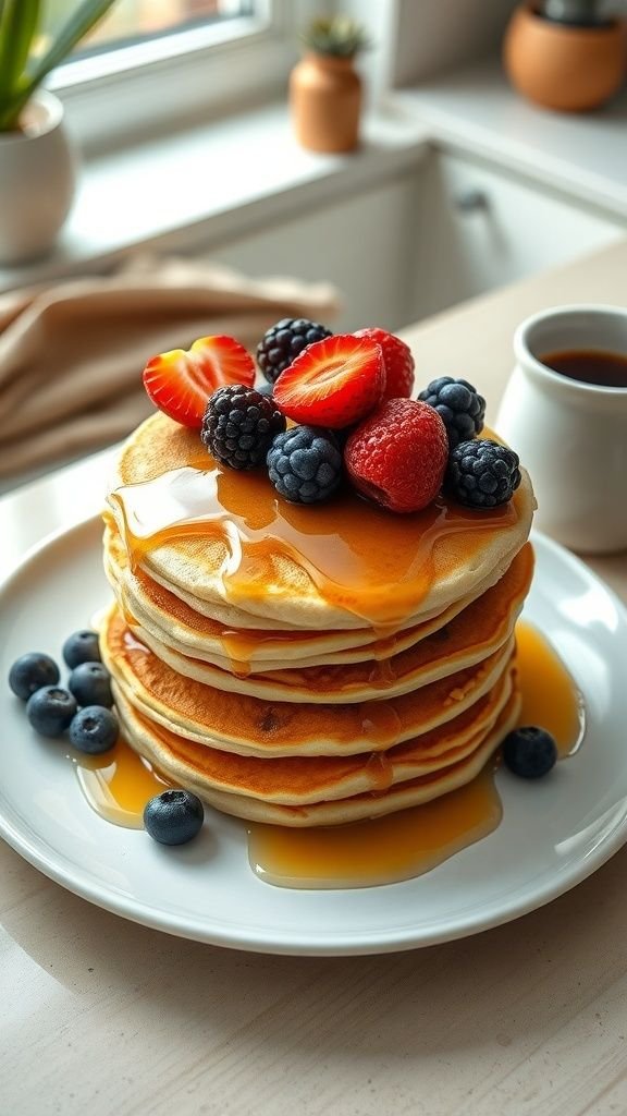 A stack of fluffy pancakes topped with fresh berries and maple syrup on a white plate.