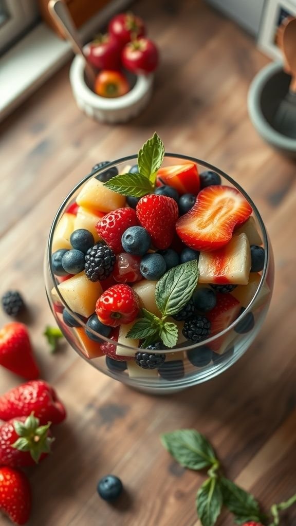 A colorful bowl of mixed fruit salad with strawberries, blueberries, blackberries, and melon garnished with mint leaves.