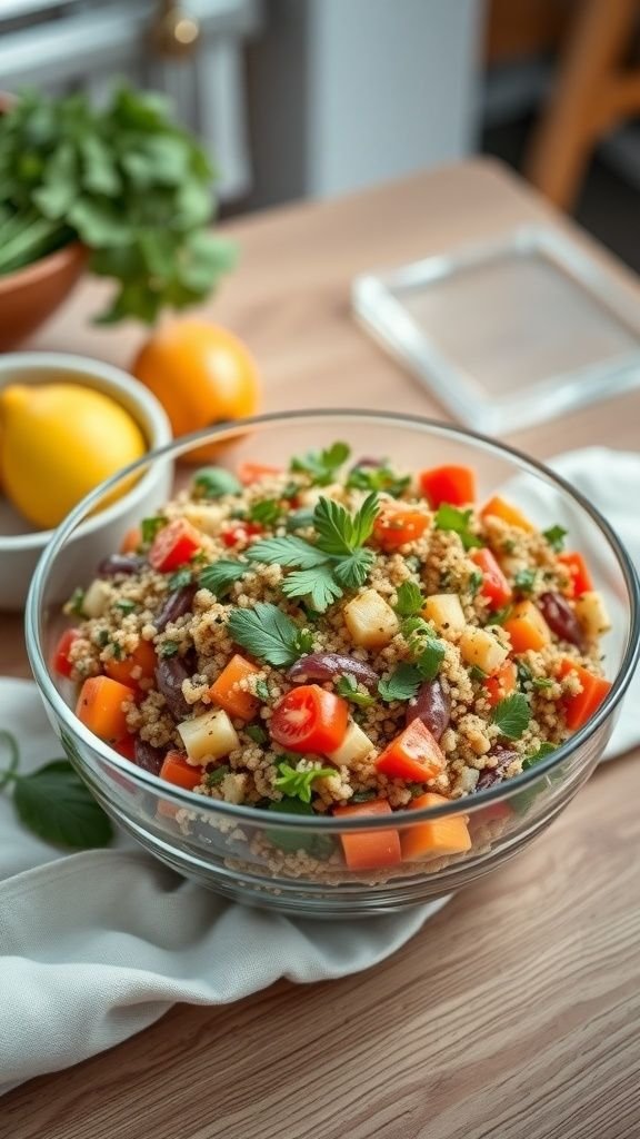 A bowl of colorful quinoa salad with various chopped vegetables and fresh herbs.