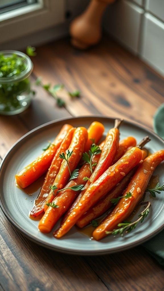 Plate of honey garlic glazed carrots with fresh parsley on a wooden surface.