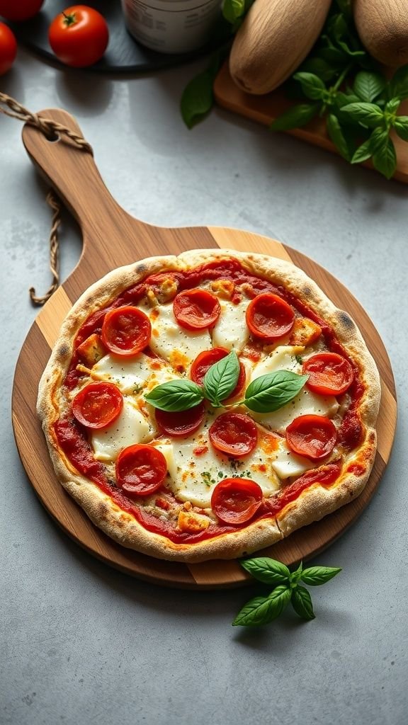 Homemade pizza with pepperoni and fresh basil on a wooden cutting board.