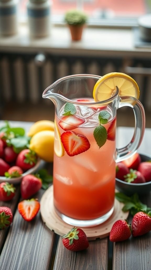 A pitcher of strawberry basil lemonade with fresh strawberries and lemons around it