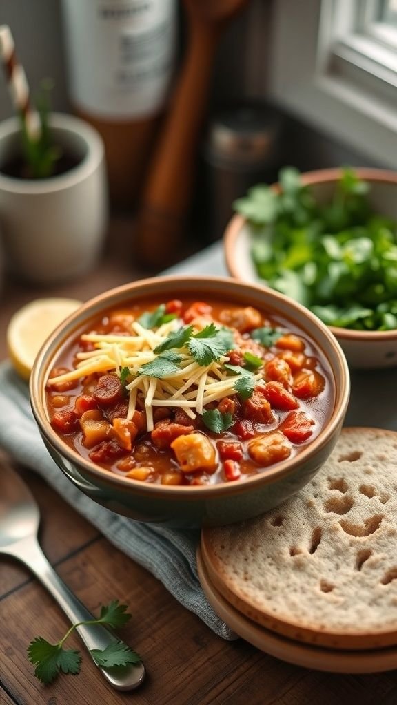 Bowl of vegetarian chili topped with cilantro and cheese, with bread on the side.
