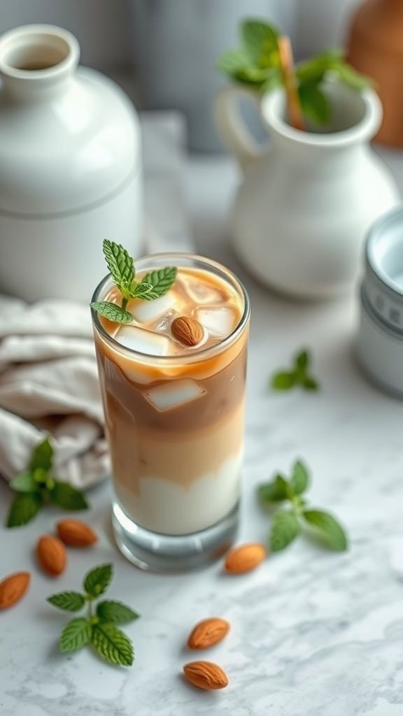A refreshing iced coffee with almond milk garnished with mint leaves and almonds.