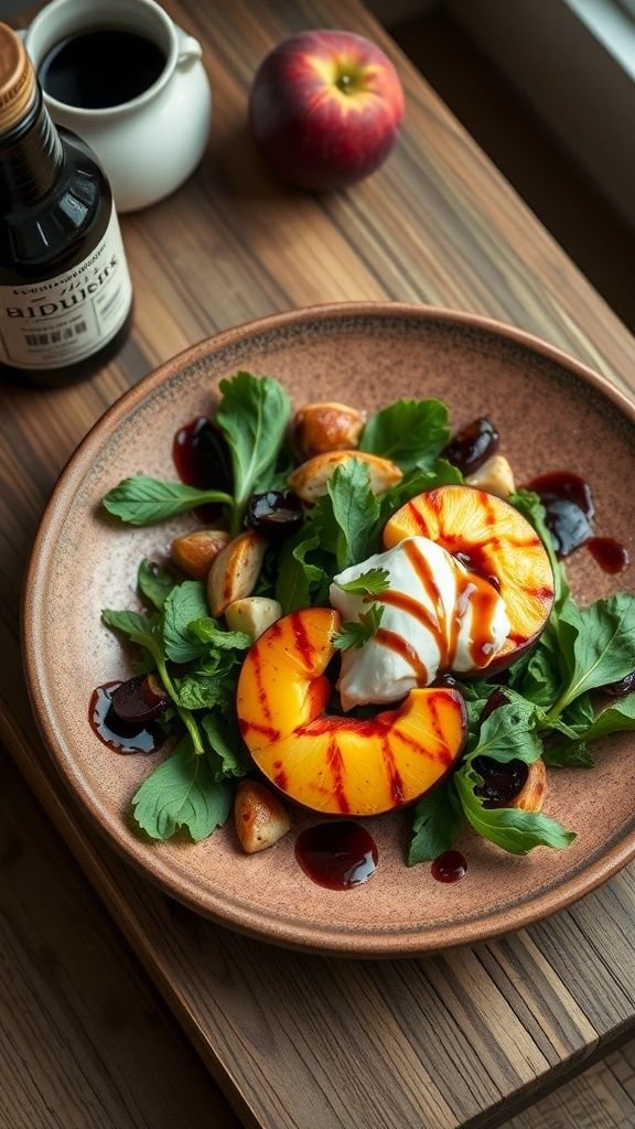 A colorful salad featuring grilled peaches, burrata cheese, arugula, and a balsamic reduction.