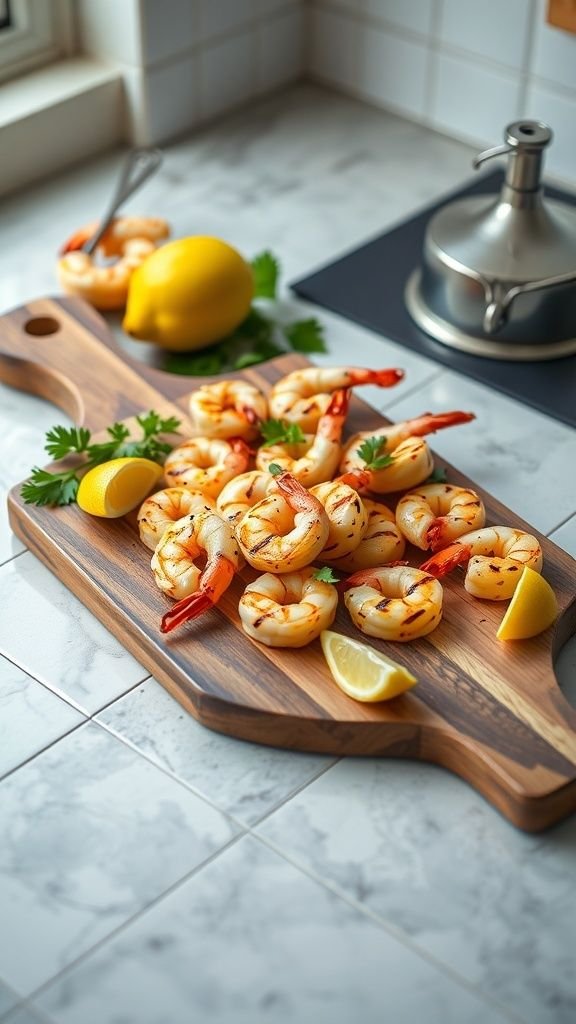 Grilled lemon garlic shrimp skewers on a wooden board with lemon slices and fresh parsley.