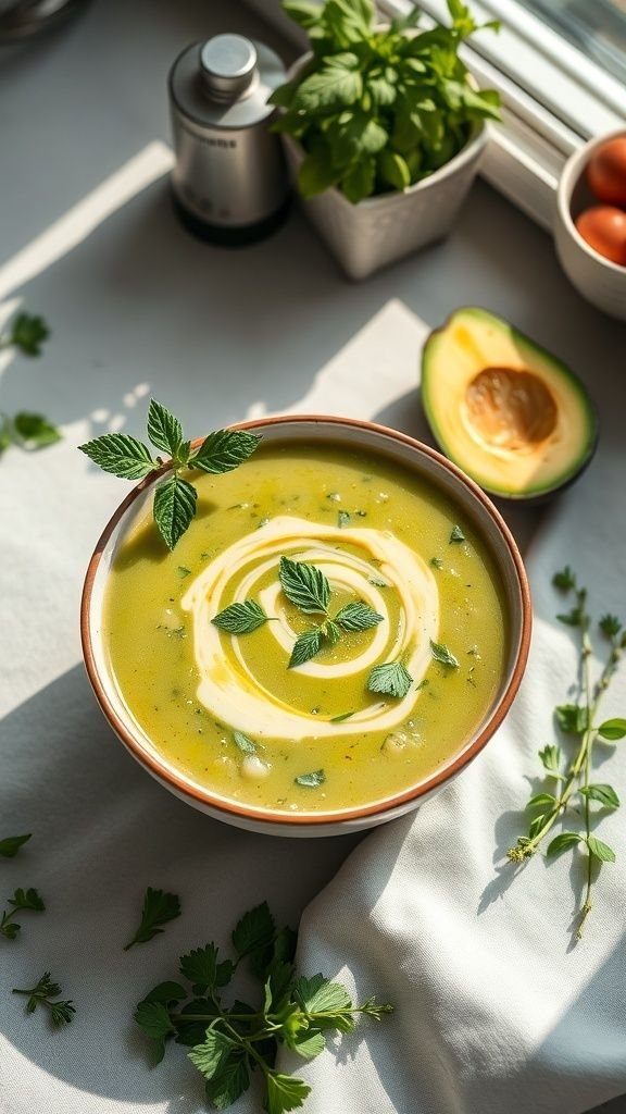 A creamy bowl of chilled avocado and cucumber soup garnished with fresh mint and a swirl of cream.