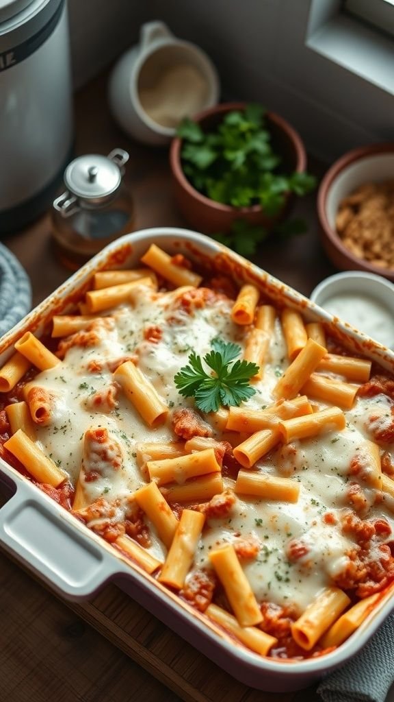 A tray of baked ziti topped with melted cheese and garnished with herbs.
