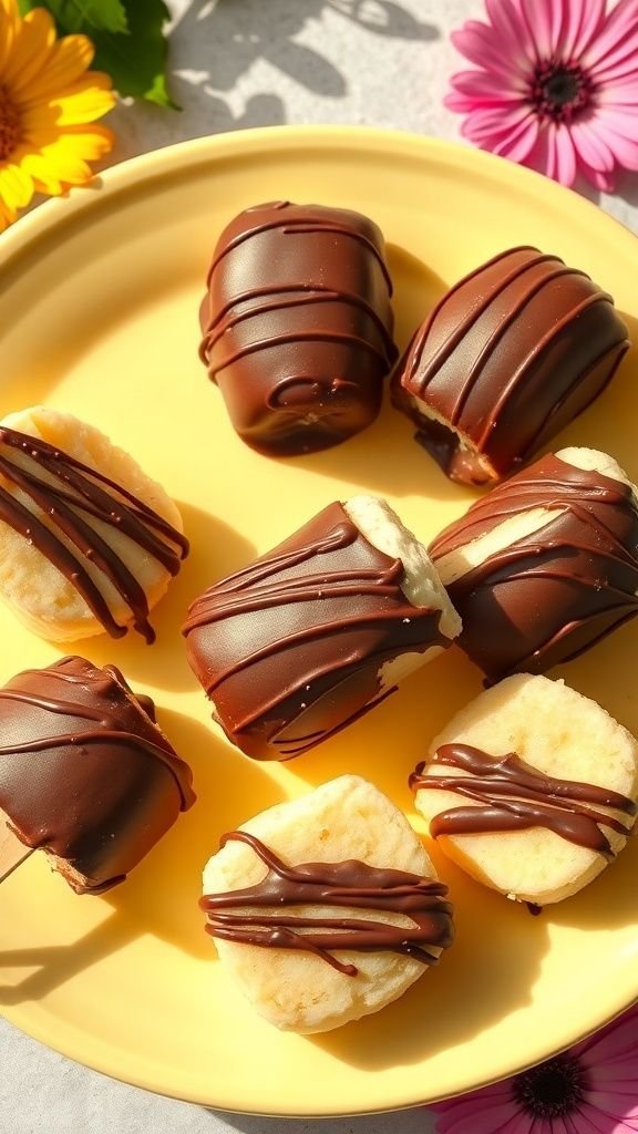 Chocolate dipped frozen bananas with toppings