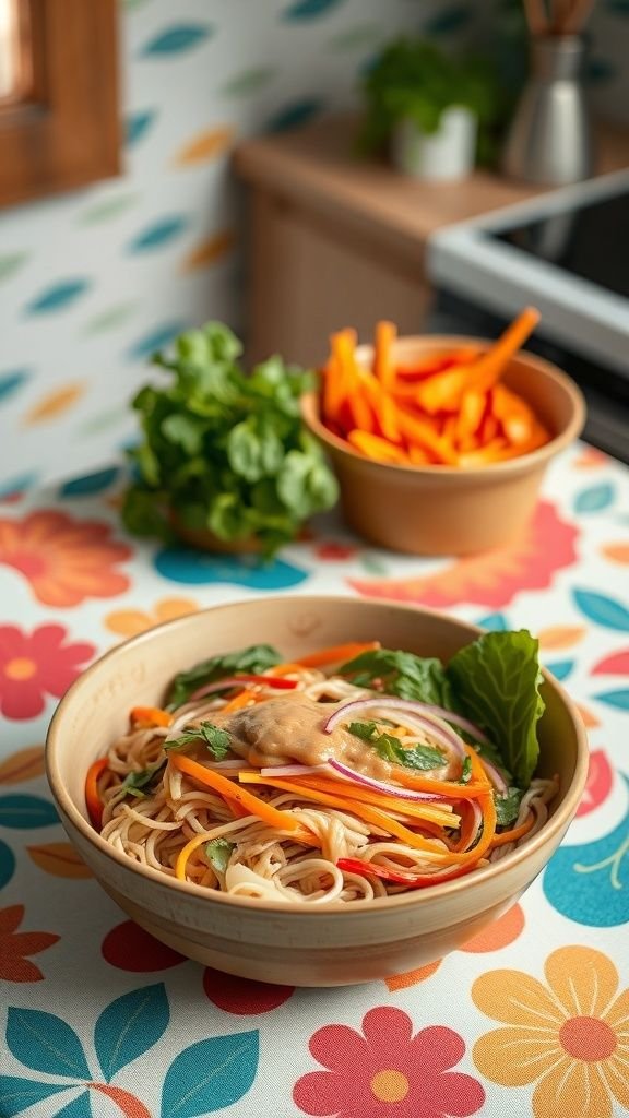 Cold noodle salad with peanut sauce served in a beige bowl, garnished with fresh veggies on a colorful floral tablecloth.