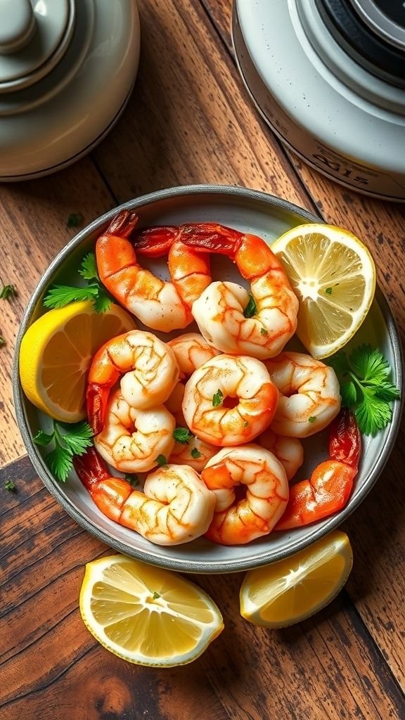 Delicious zesty lemon garlic shrimp with lemon slices and fresh herbs