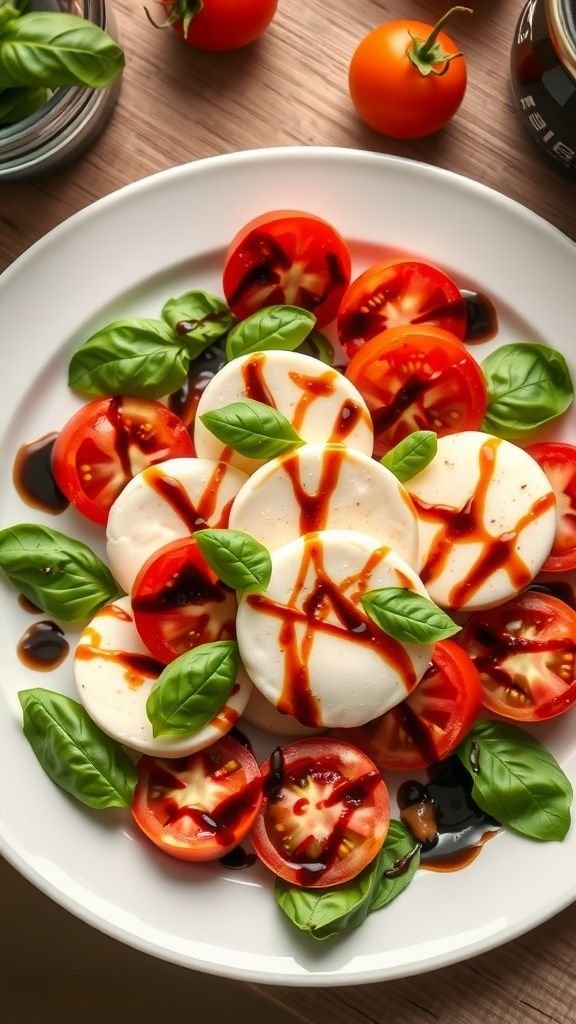 A colorful plate of Caprese salad featuring sliced tomatoes, mozzarella cheese, fresh basil, and balsamic glaze.