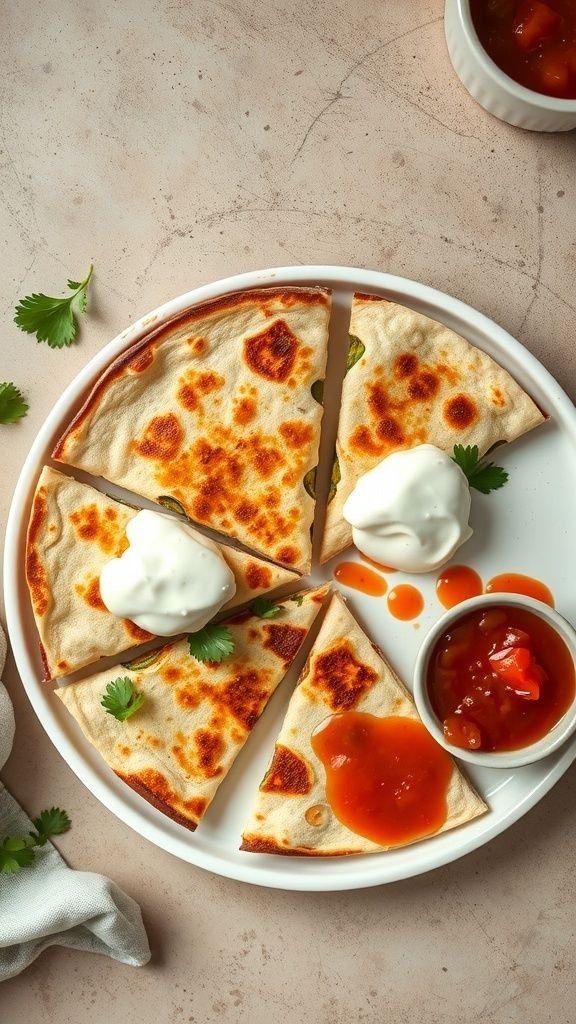 Plate of vegetable quesadillas with dips