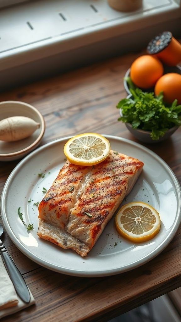 Grilled salmon on a plate with lemon slices and fresh herbs.