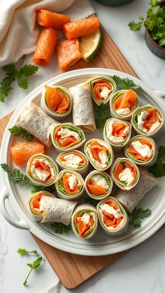 A platter of smoked salmon and cream cheese wraps with fresh ingredients.