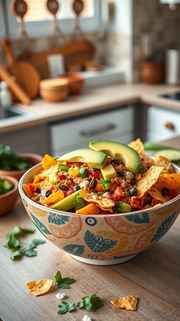 A vibrant no-cook taco salad featuring lettuce, tomatoes, black beans, corn, and avocado.