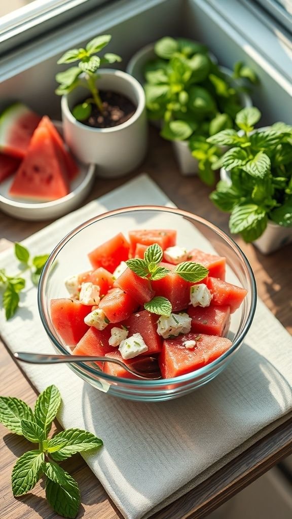 A bowl of watermelon feta salad topped with mint leaves, surrounded by fresh mint plants and pieces of watermelon