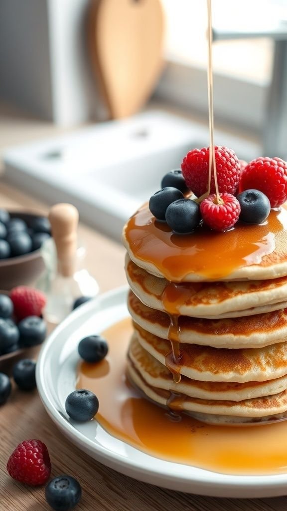 A stack of fluffy pancakes with maple syrup and fresh berries on top.