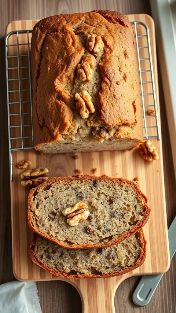 Freshly baked banana bread with walnuts on a wooden cutting board