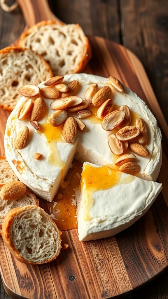 A wheel of baked brie topped with honey and almonds, served with sliced bread.