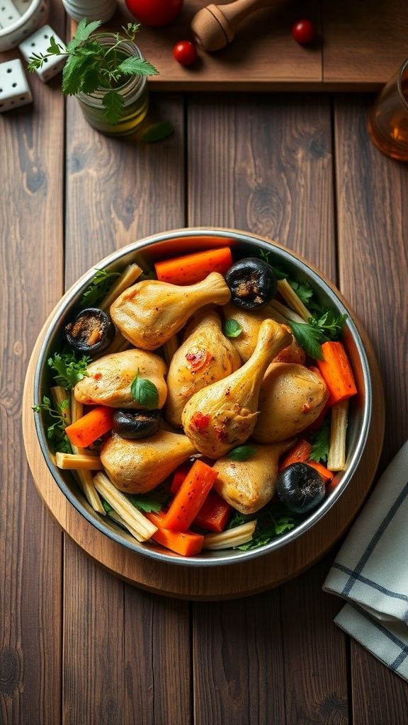 A vibrant dish of chicken drumsticks and colorful vegetables arranged in a bowl.
